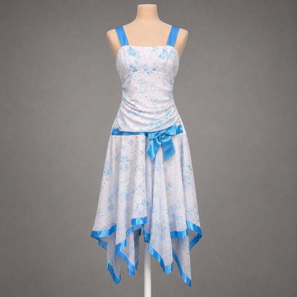 Vintage Y2K Floral Sequin Babydoll Fairy Dress XS Handkerchief Hem Coquette Hoco